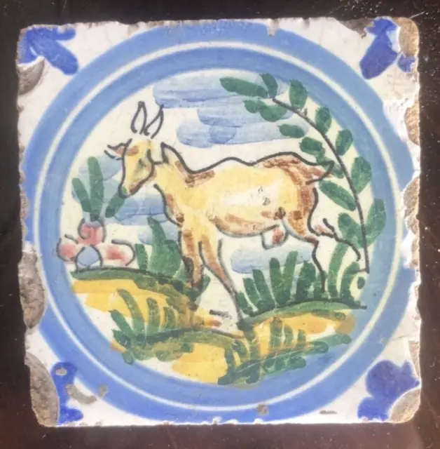 Antique Small Dutch Delft Deer Tile Tin Glaze Polychrome ?17th or 18th Century