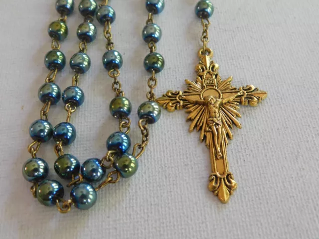 Vintage Catholic Religious  Mother of Perpetual Help Rosary Blue Green Shimmer