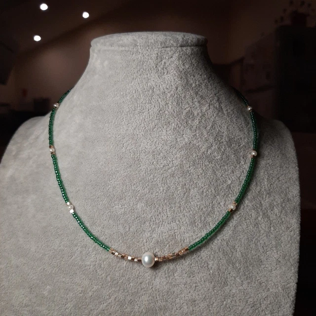 Collier Perles Miyuki Bleues Et Goutte Dorée - Longueur 41-45 Cm, Plaqué Or Blanc - Neuf Avec étiquettes
