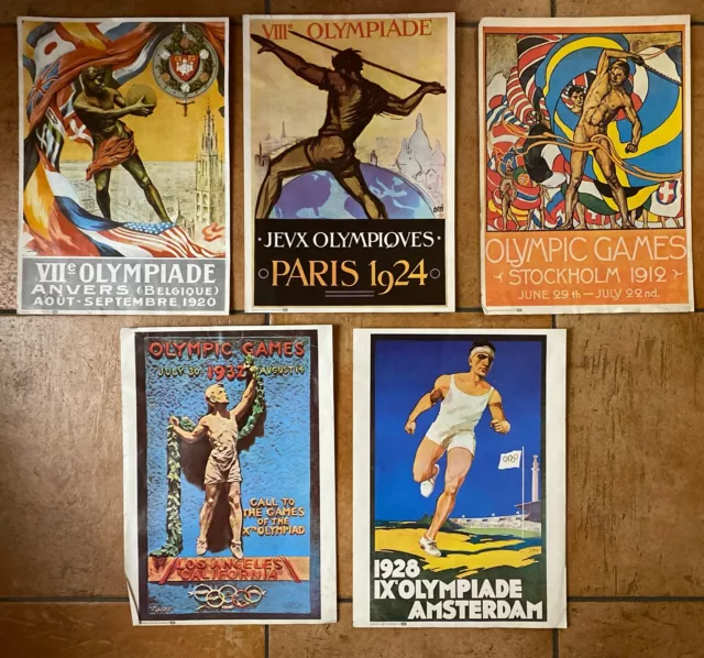 5 Kunstdrucke alter Olympia-Plakate von Texaco von 1912 bis 1932