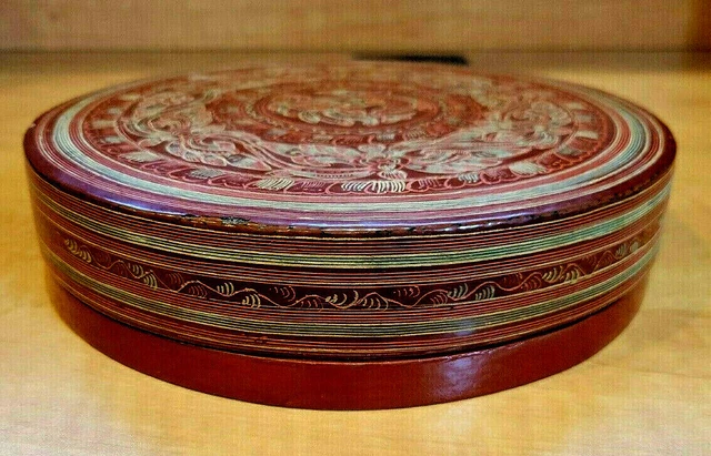 Vintage Burmese Bamboo Round Sectioned Box w/Lacquer Overlay