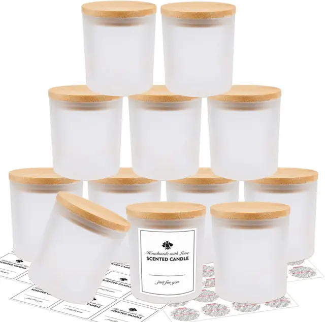 12 Pack Glass Candle Jars-10 OZ Frosted Empty Candle Jars with Bamboo Lids