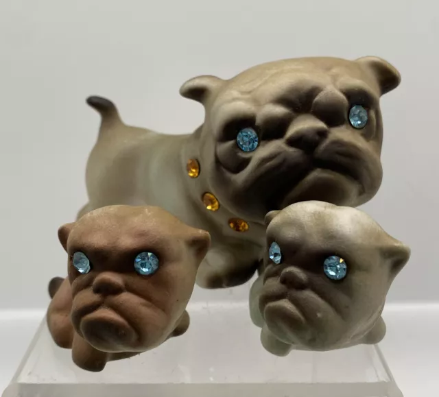 Vintage Set California Pottery USA Mother & Puppies Bulldog Figurines  Blue Eyes