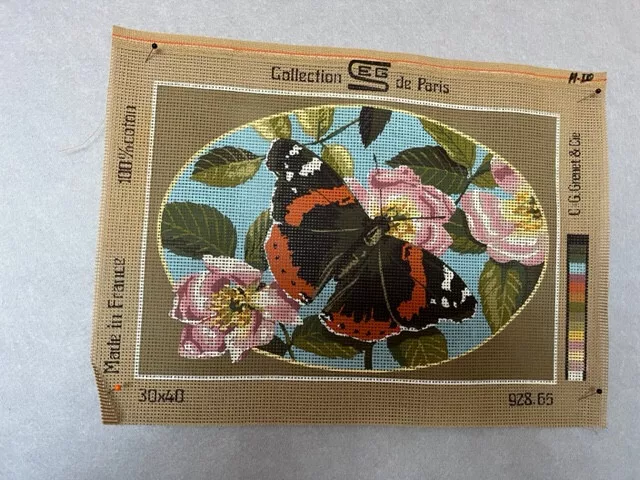 Butterfly on Roses Flowers Vintage Needlepoint Tapestry Canvas
