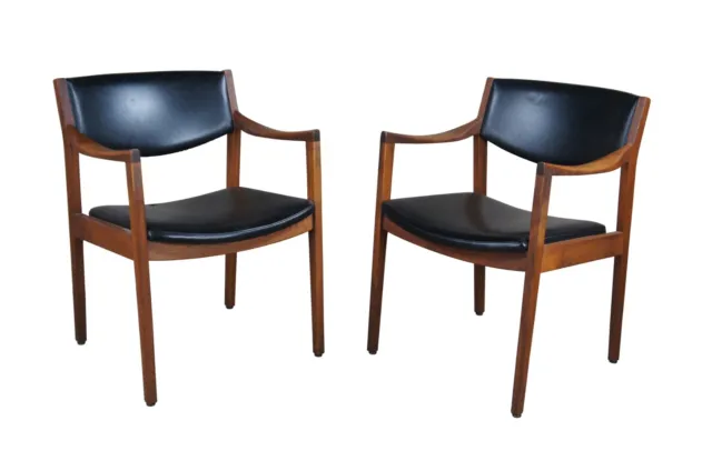 2 Gunlocke After Risom Mid Century Modern Danish Walnut & Leather Arms Chairs