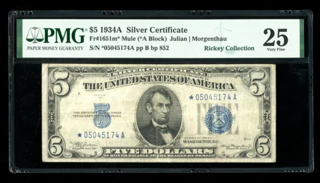 DBR 1934-A $5 Silver Mule STAR Fr. 1651m* PMG 25 Serial *05045174A