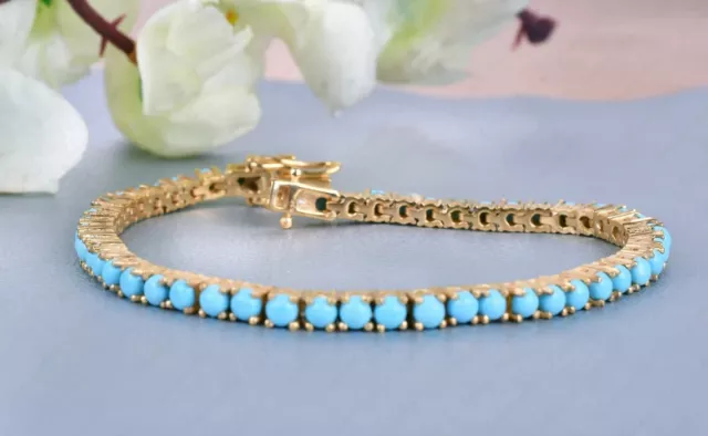 Turquoise Sleeping Beauty Chain Link Tennis Bracelet in 14K Yellow Gold Over 7"