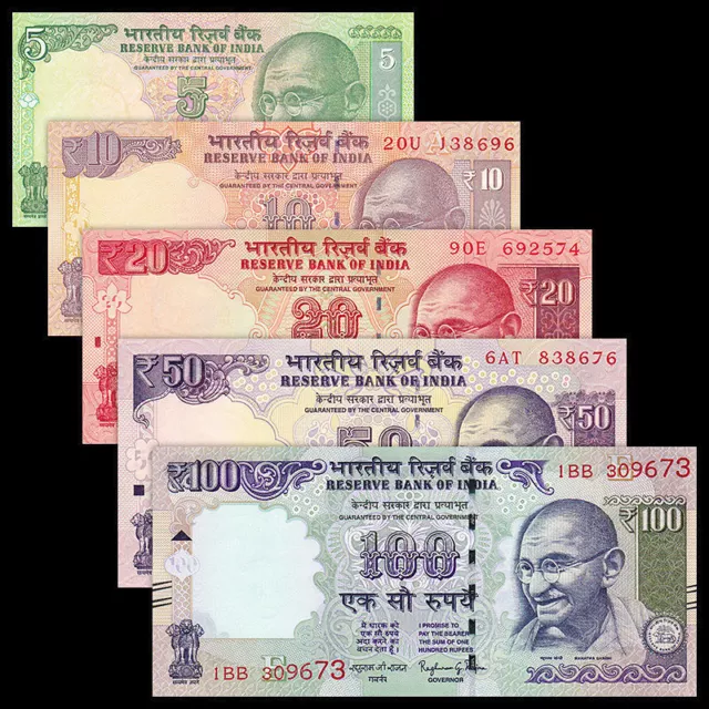 "Conjunto De 5 Piezas" Billetes, India 5 +10 +20 +50 +100 Rupias, En UNC