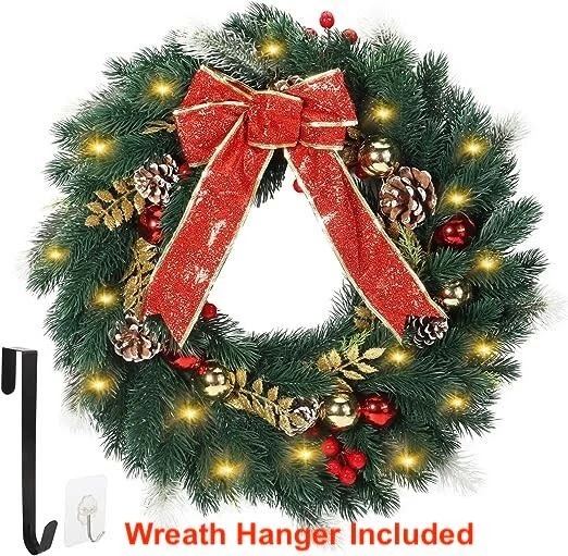 CHRISTMAS WREATH HOLIDAY Decorated 20" Battery Powered Pre Lit Lights