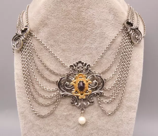 Halskette Collier Silber 835 teilweise vergoldet Trachtencollier Granat Perle
