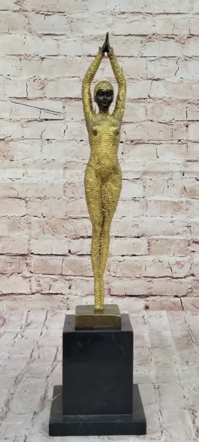Firmado Bronce Escultura Raro Art Déco Chiparus Estatua Sobre Mármol Base Gold