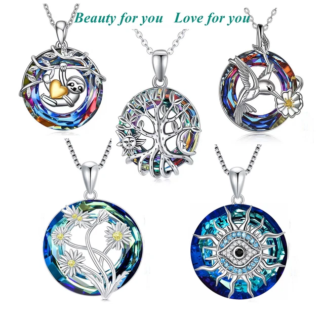 925 Sterling Silver Circle Crystal Necklace Beauty Gift for Mothers Day Birthday