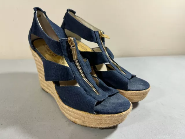 Michael Kors women's blue front zip espadrille wedge sandals size 6