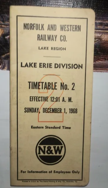 1968 Norfolk & Western Railroad Employee Timetable No 2 Lake Erie Division RR