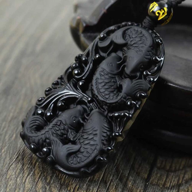 Natural Obsidian Carved Fish Lucky Amulet Pendant Silver Healing Energy Keychain