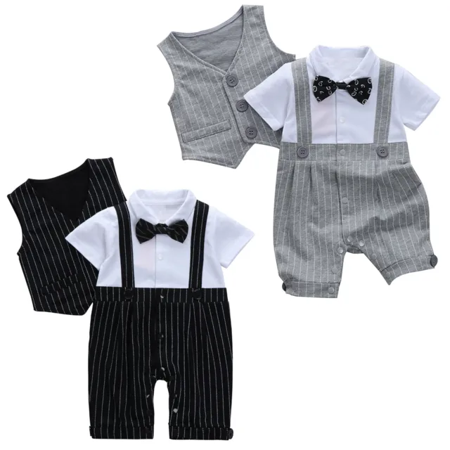 Newborn Baby Boys Gentleman Formal Suit Short Sleeve Jumpsuit with Striped Vest