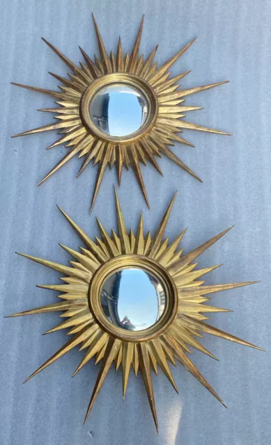 1950′ Paire De Miroirs Soleil Convexe, Bois Doré 67 cm