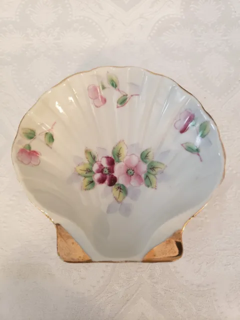 Vintage Shell Shaped Trinket Dish Soap Coins Hand Painted Japan Flowers