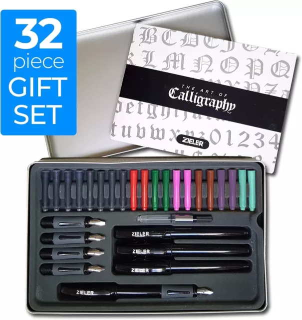 Zieler Ultimate Calligraphy Fountain Pen Set 32pc Colour Ink Cartridges Box 2