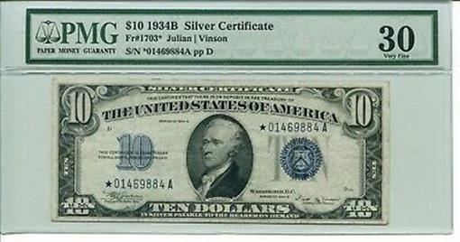 FR 1703* STAR 1934B $10 Silver Certificate 30 VERY FINE