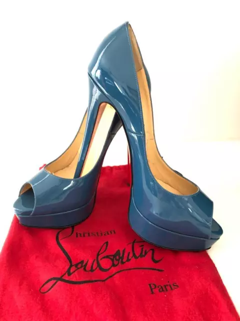 Christian Louboutin Blue Patent Leather Lady Peep Toe Platform Pumps