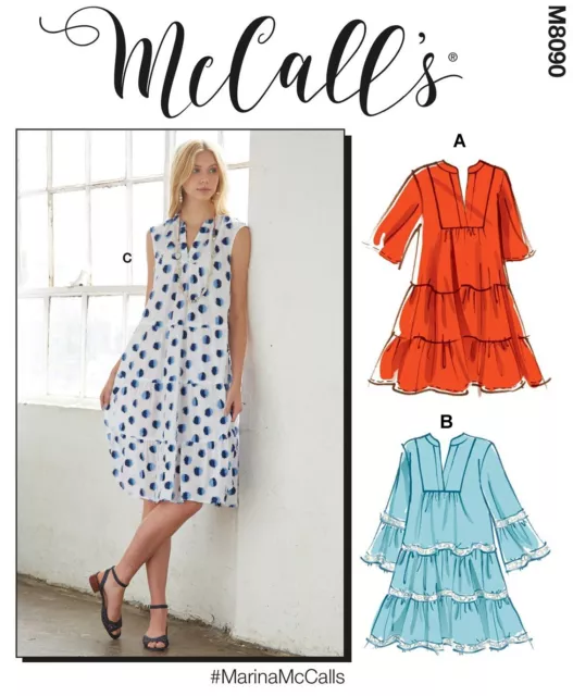 Mccall's Sewing Pattern 8090 Misses 4-22 Easy Loose-Fitting Tiered V-Neck Dress