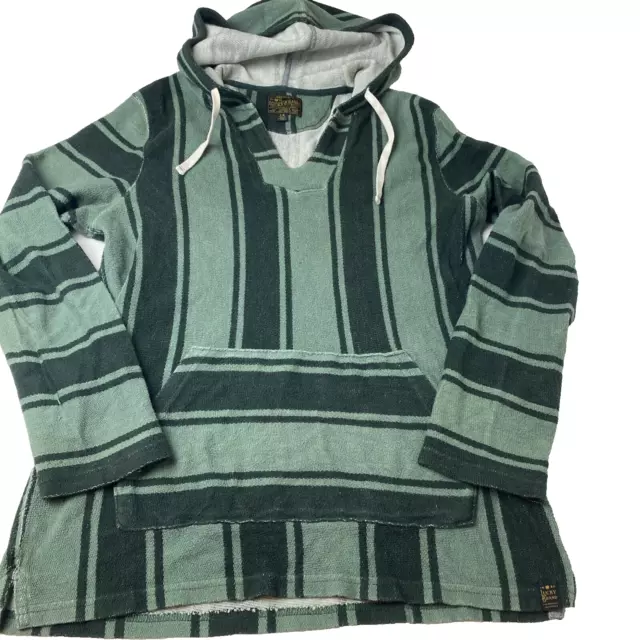 Lucky Brand Mens L Green Striped Baja Hoodie Pullover