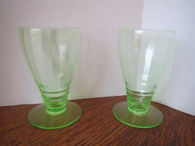 Vintage Depression VASELINE/URANIUM Juice Glass PAIR Ribbed Footed GLOWS!