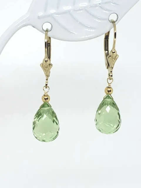 14k Yellow Gold Filled Faceted Green Amethyst Briolette Drop Dangle Earrings