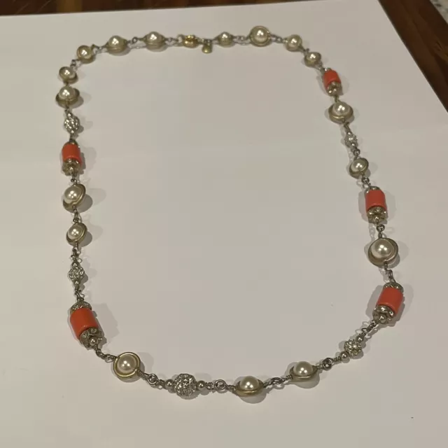 Signed J. Crew Gold Tone / Orange Necklace Rhinestone / Faux Pearl Beaded