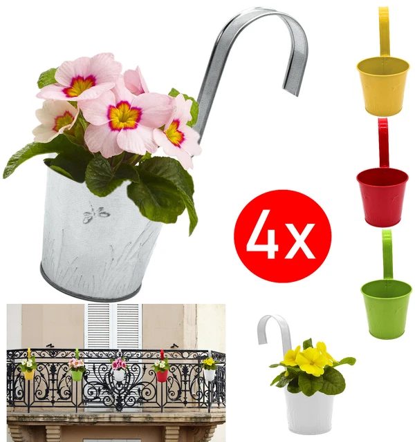 4x Blumentopf Hängetopf Balkon Zaun Blumen Übertopf Kräuter Pflanz Topf Zink