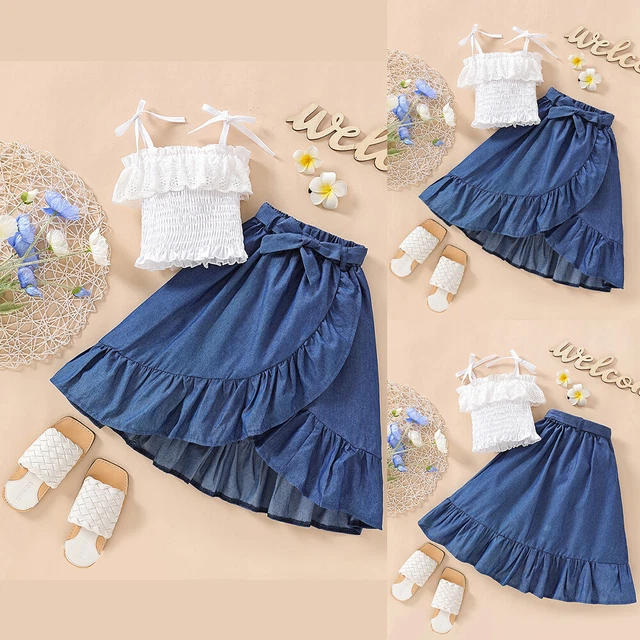 Girls Summer Sleeveless Tops Ruffled Skirt Outfits Kids Cami Tank Denim Dress