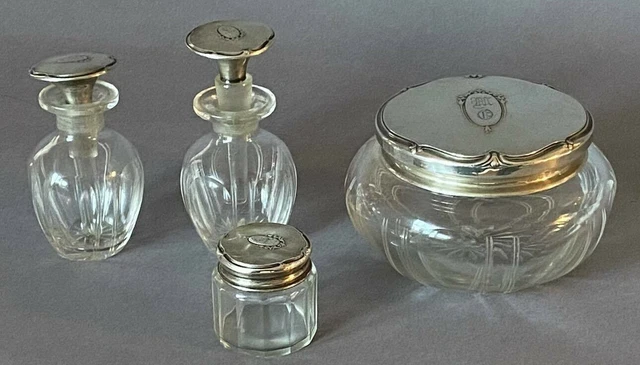 Rare Antique Webster 4-Piece Sterling Silver and Crystal Glass Vanity Set