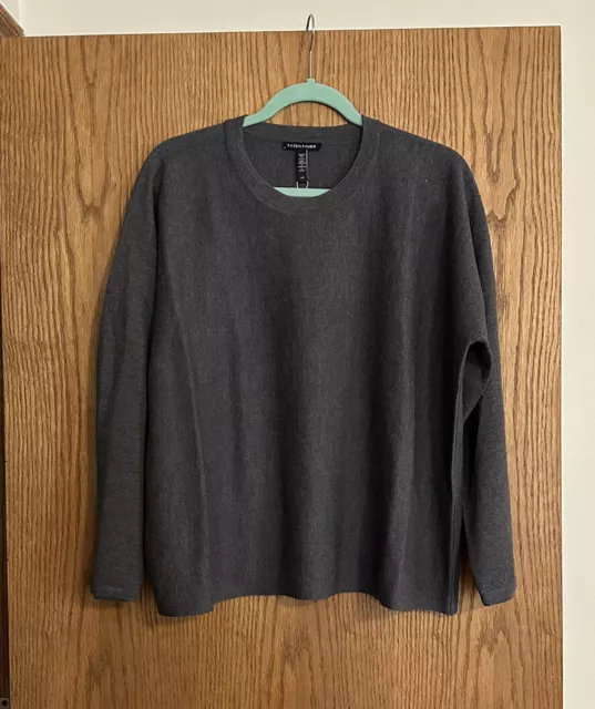 Eileen Fisher Extra Fine Merino Wool Round neck Sweater In Bark-Size Large-NWT