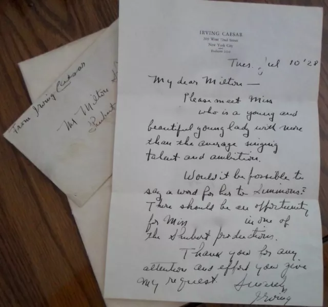 Hand Written, 1928 Signed Letter By Lyricist, Irving Caesar Plus