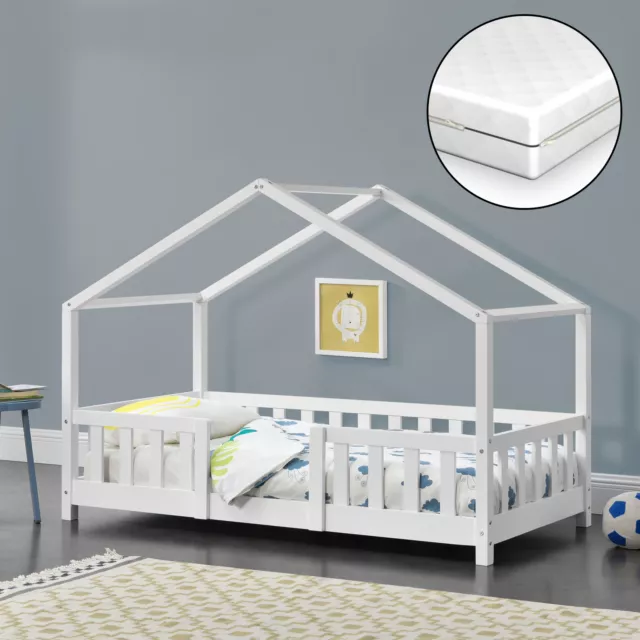 Kinderbett + Matratze mit Rausfallschutz 80x160cm Haus Holz Weiß Bettenhaus Bett