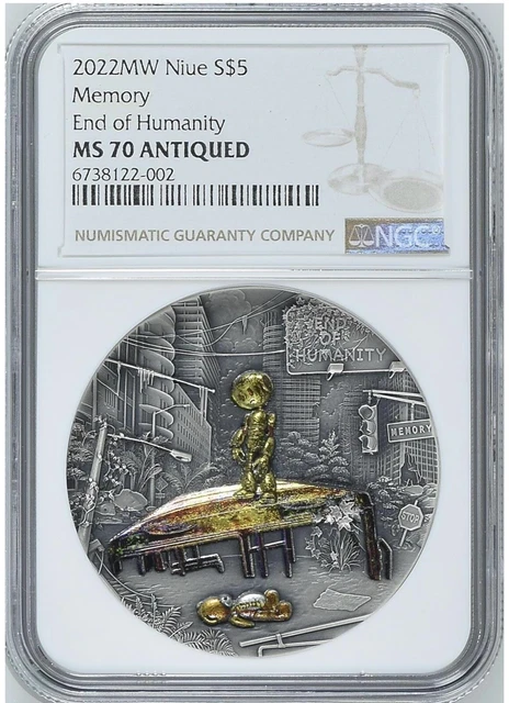 NGC MS70 2022 Niue End of Humanity MEMORY Antique Finish 2Oz Silver Coin