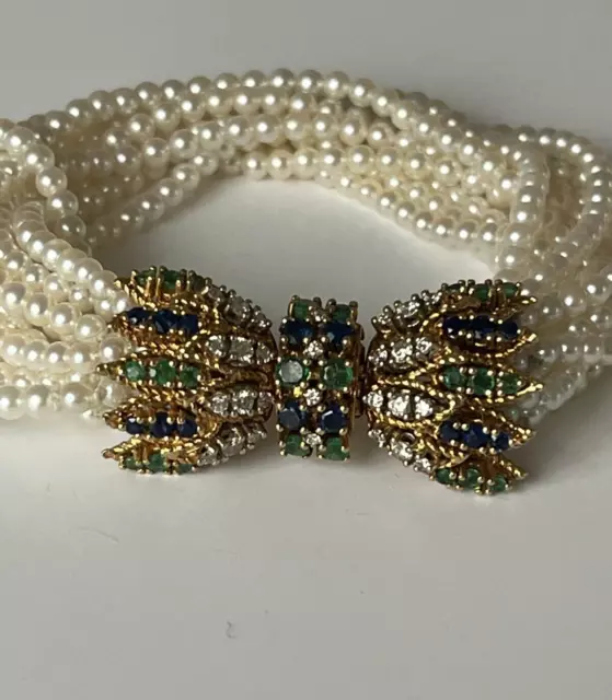 4996- Bracelet 10 Rangs Perles Diamants Sapphires Émeraudes