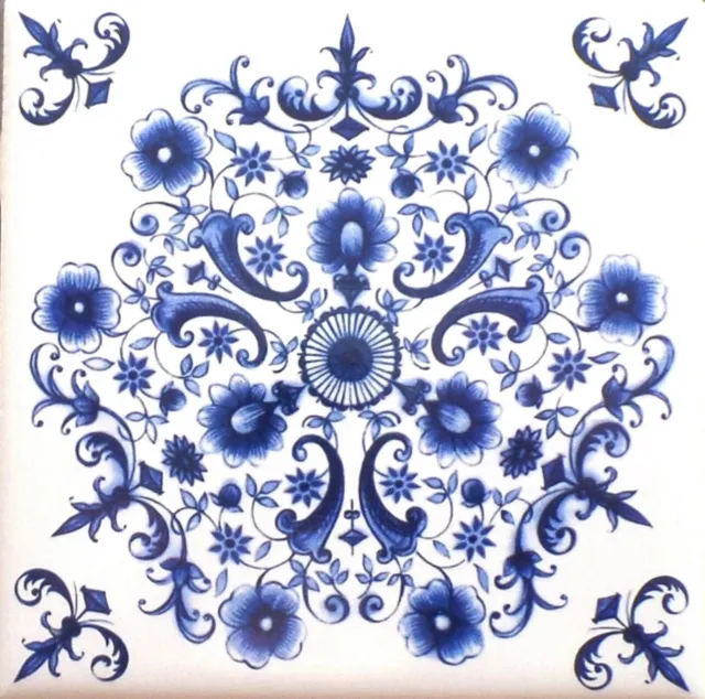 Sienna Rose Blue Delft Design Ceramic Tile Blue 4.25" x 4.25  Full Design