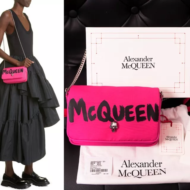 NEW $890 ALEXANDER MCQUEEN Hot BOBBY PINK Nylon CRYSTAL SKULL GRAFFITI Flap BAG!