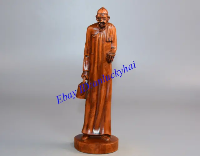 Old Chinese Boxwood Wood Hand Carving Old Beijing Waiter Man Statue Figurines