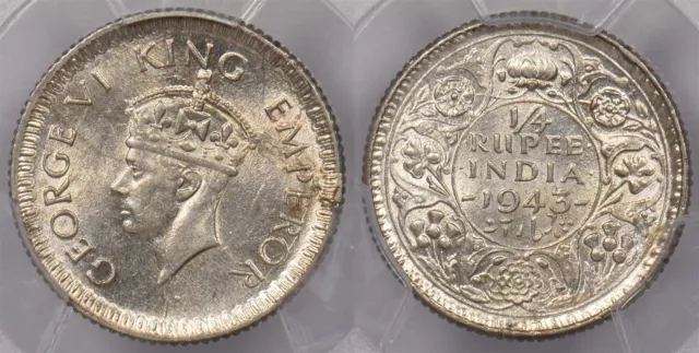 India British 1943 C 1/4 Rupee PCGS MS 63 SW-9.86 PI0119 combine shipping