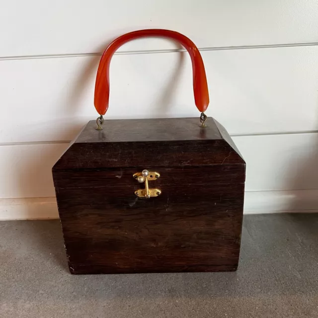 Vintage Wooden Box with Lucite Handle Jewelry Purse