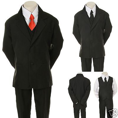 Infant Toddler Boys 6pc  Wedding Formal Tuxedo Suit Black extra Red Necktie S-20