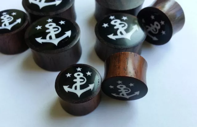 Pair Handmade White Stars Anchor Black Resin Sono Wood Saddle Ear Plugs Gauges