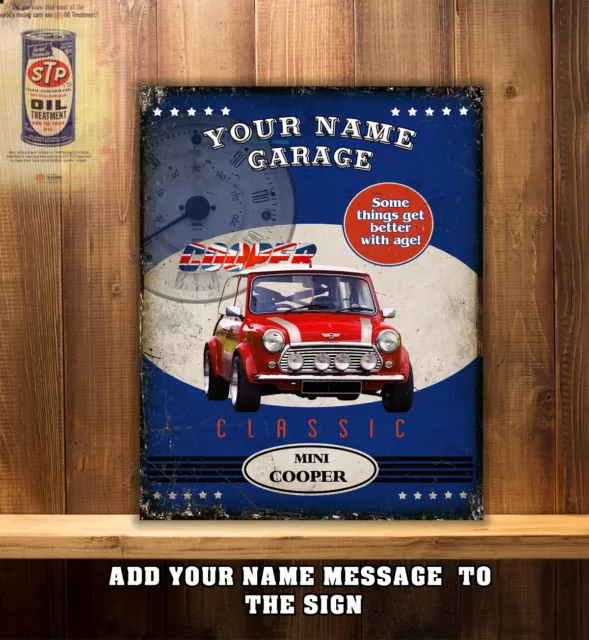 PERSONALISIERTES MINI COOPER ROT WERKSTATT GARAGENSCHUPPEN Metall Wandschild BWA RS232
