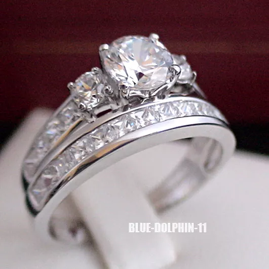 Real Genuine Solid 9K White Gold Engagement Wedding Rings Set Simulated Diamonds 3