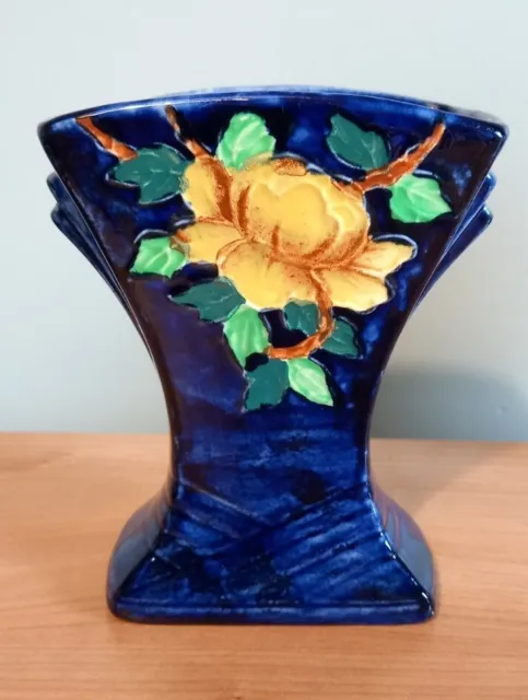 Lovely  1930's Art Deco Maling Pottery Vase, Cobalt Blue With Peona Design.