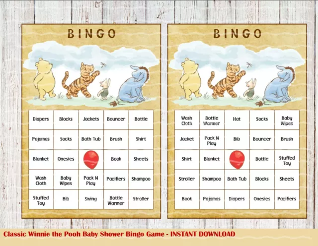 Classic Winnie the Pooh Baby Shower Bingo Game 25 Cards DIGITAL FILE ONLY