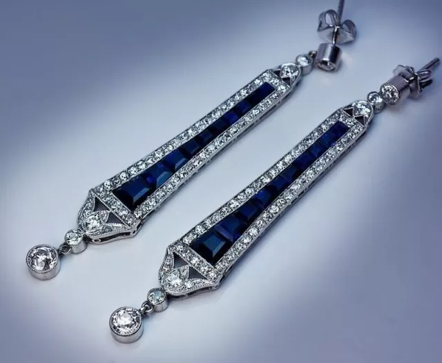 Art Deco Style 3.95Ct Diamond & Sapphire Engagement Wedding 925 Silver Earrings